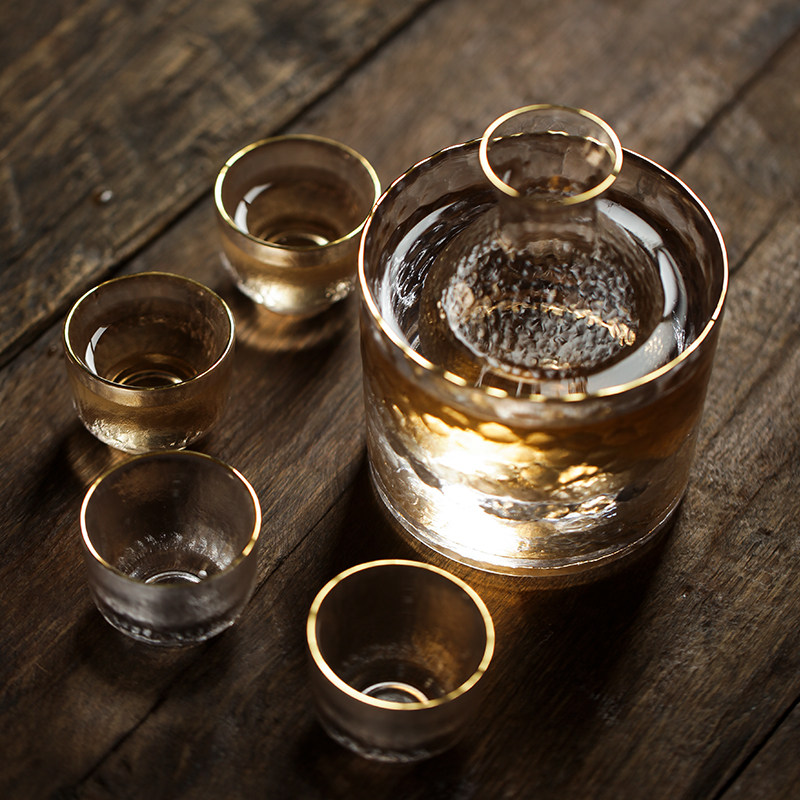 日式创意透明描金锤纹水晶玻璃黄酒清酒壶温酒一壶四杯套装
