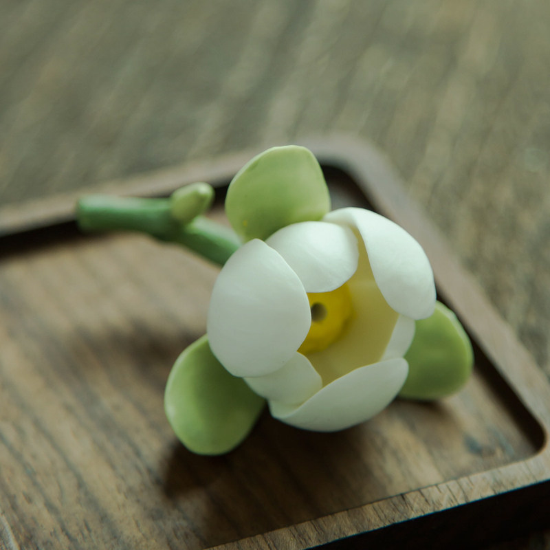 手工夜合花 茶宠茶席摆件装饰香插 茶玩香道手捏陶瓷花礼品茶搁