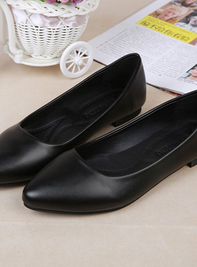 正装上班酒店防滑工作鞋女黑色平底平跟职业尖头浅口单鞋春季舒适