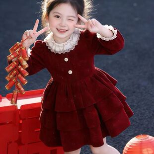 女童红色闪闪丝绒加绒连衣裙蛋糕裙2026冬季女孩公主裙新年蓬蓬裙