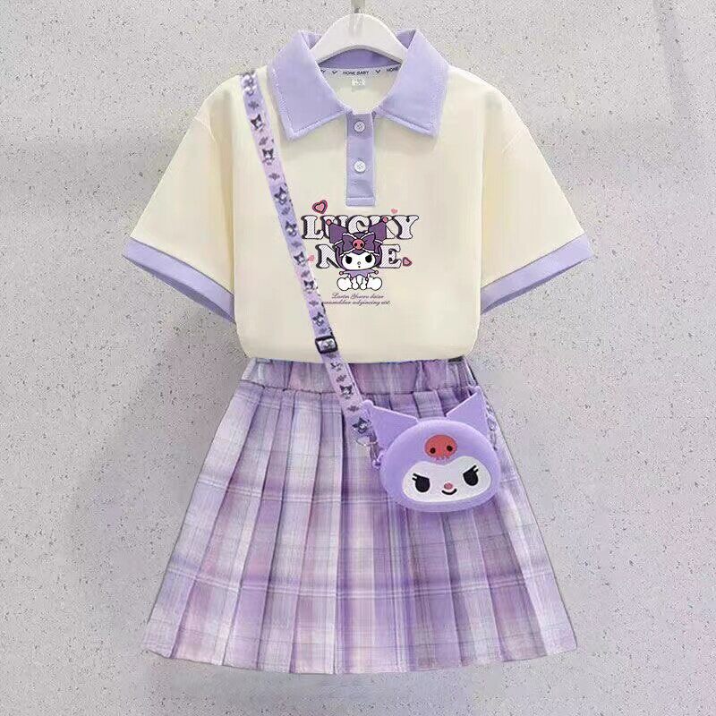 库洛米裙子套装女童夏季新款儿童POLO衫百褶裙女孩短袖jk服两件套