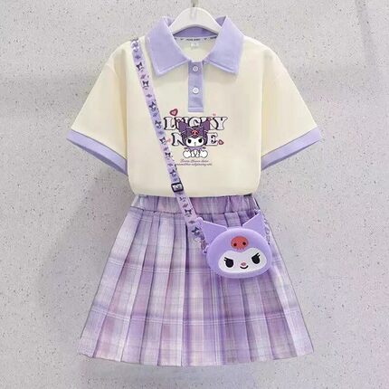 库洛米裙子套装女童夏季新款儿童POLO衫百褶裙女孩短袖jk服两件套