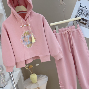 女童套装2025春款新中式国风刺绣盘扣连帽中大童时髦洋气两件套