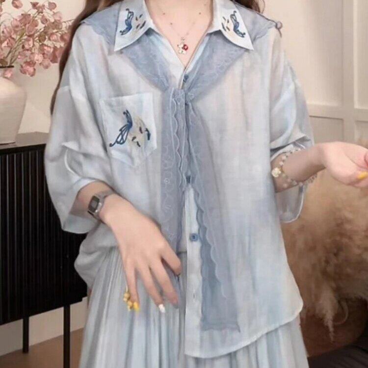 韩系松弛感蓝色刺绣防晒衬衫女款2026夏季新款设计感蕾丝披肩上衣