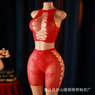 欧美性感内衣女睡衣渔网镂空不对称斜肩高弹上衣短裤两件套网衣