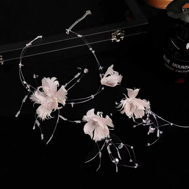 新款新娘仙气羽毛项链耳环套装森系轻奢甜美高级颈链结婚礼服配饰