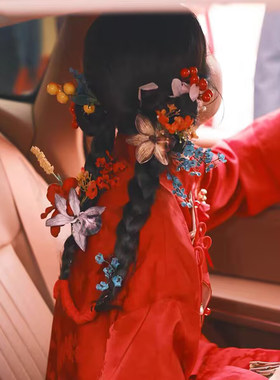 新中式红色新娘仿真花头饰