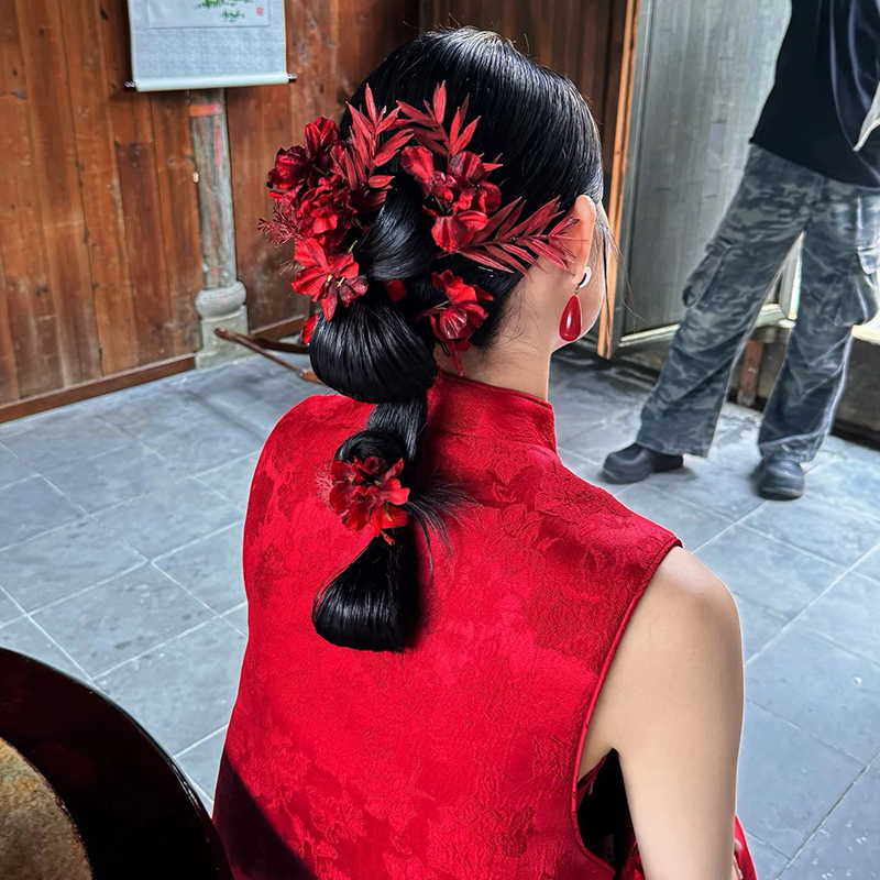 新娘结婚头饰红色花朵复古头花