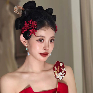 2025中式新娘敬酒头饰花朵发夹红色盘发结婚旗袍新款配饰发饰