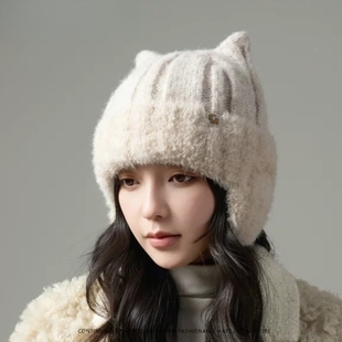 护耳套头毛线帽子冬天可爱甜美双角保暖帽加绒防寒女显脸小毛绒帽