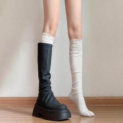 袜子女小腿袜蕾丝花边长靴袜jk秋冬过膝袜白色中筒袜JK配靴子袜