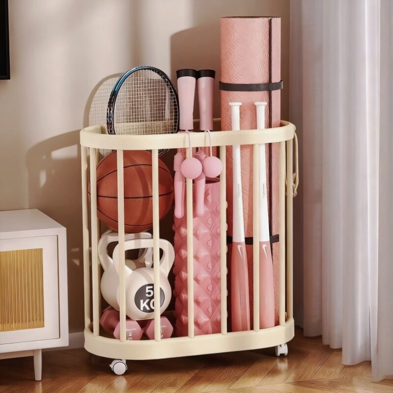 瑜伽垫收纳筐家用放篮球类带轮收纳框运动健身器材工具整理置物架