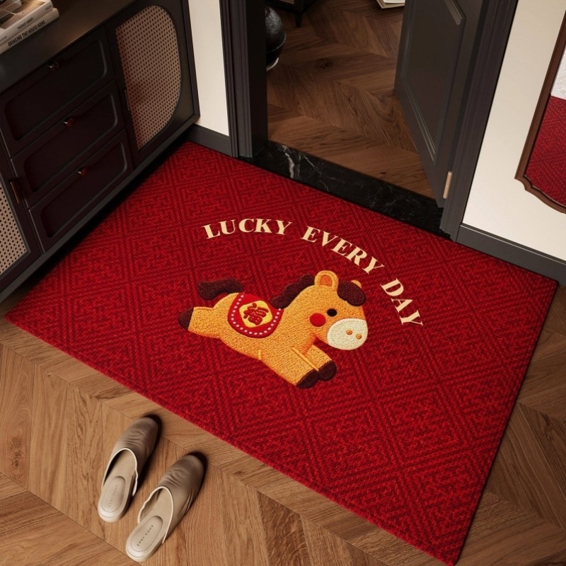 马年红色入户门地垫仿刺绣2025新款卡通进门脚垫防滑除尘玄关地毯