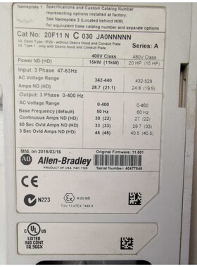 20F11NC030JA0NNNNN原装AB罗克韦尔变频器15KW(11KW) 400V拆机