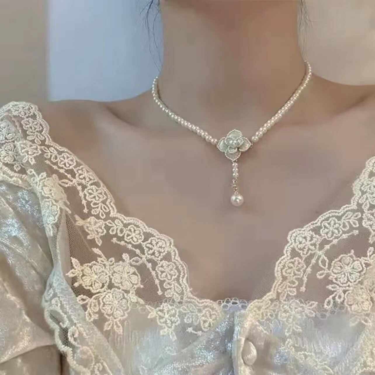 超仙温柔白纱配饰长款显瘦流苏仿珍珠项链小众时尚结婚礼锁骨劲链