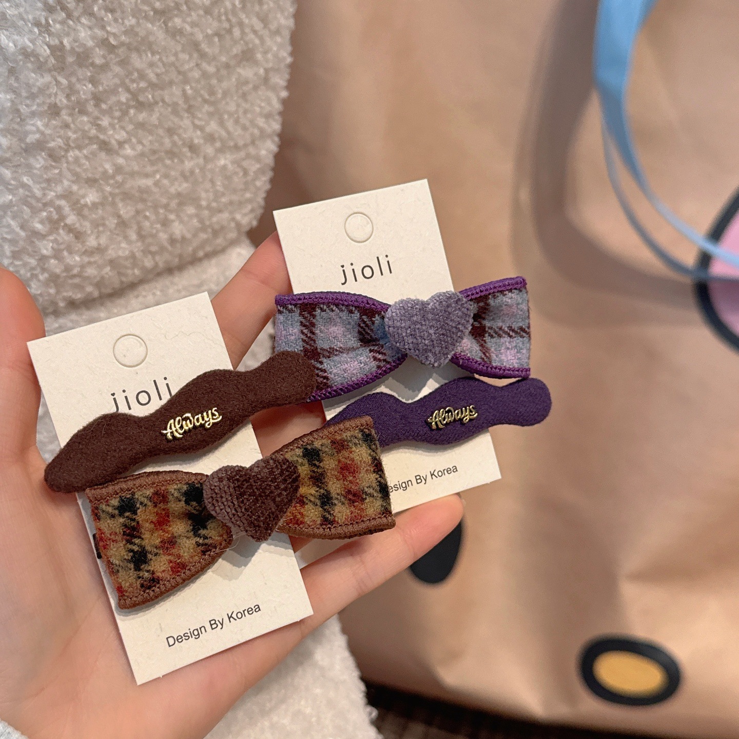 紫色格纹蝴蝶结爱心对夹英伦学院风少女边夹发卡高级感刘海夹头饰