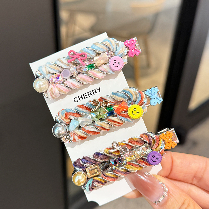 韩式气质网红彩色侧边毛线刘海发夹女前额珍珠头饰2025新款发卡女