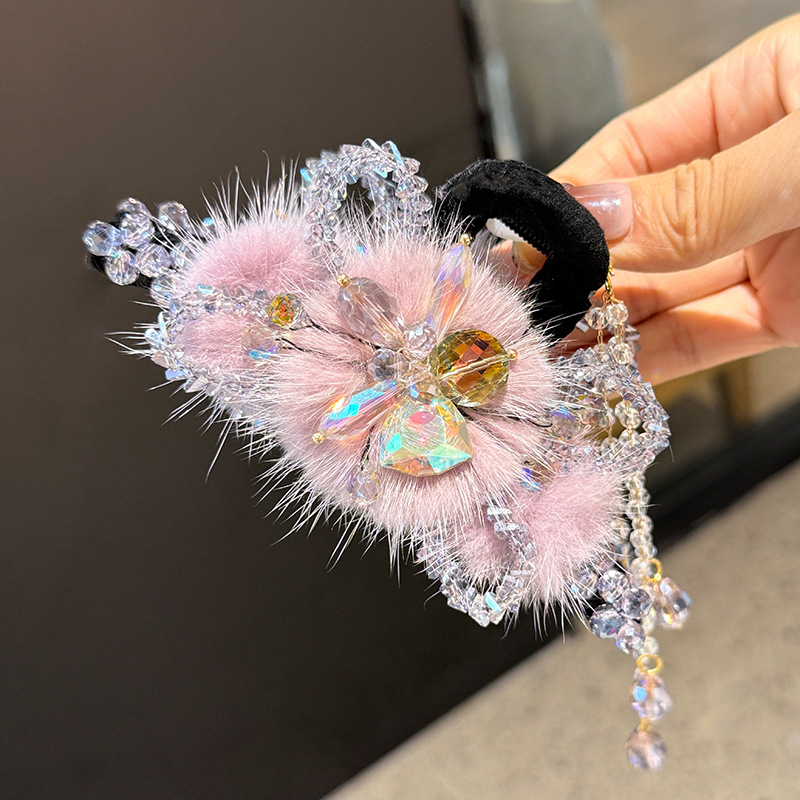 超仙粉色水貂毛流苏抓夹秋冬甜美发夹后脑勺高级感盘发鲨鱼夹头饰