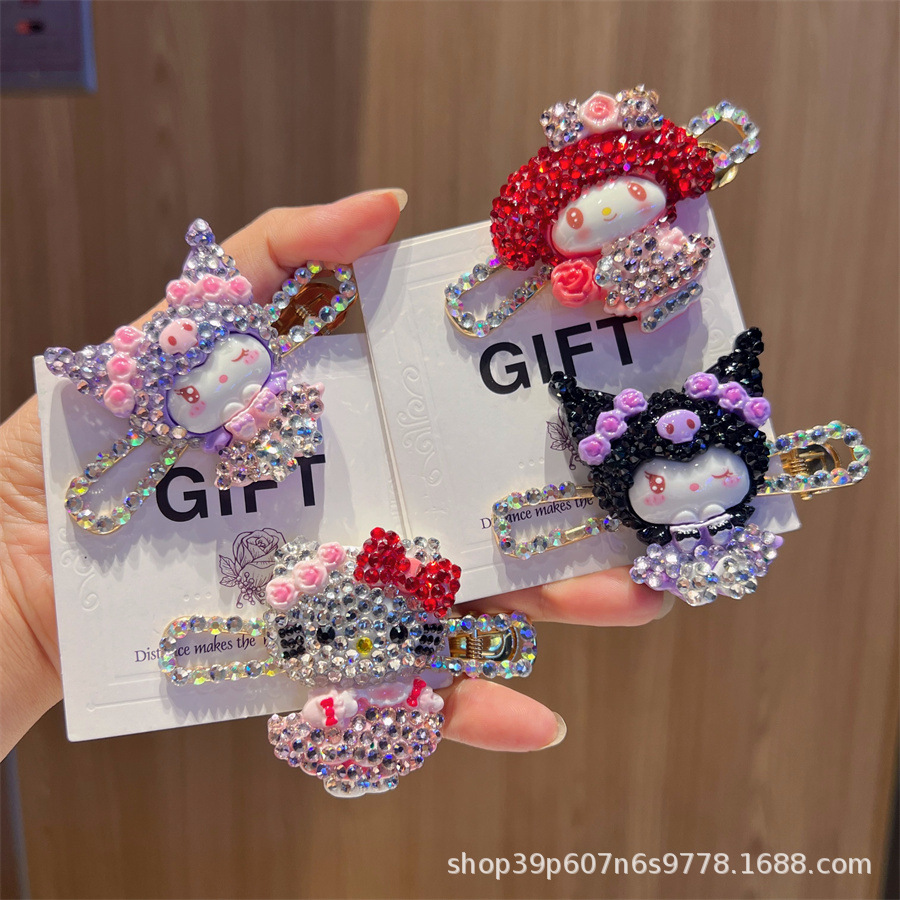 超闪满钻三丽鸥发夹美乐蒂发圈KT猫发卡少女库洛米侧边刘海夹头饰