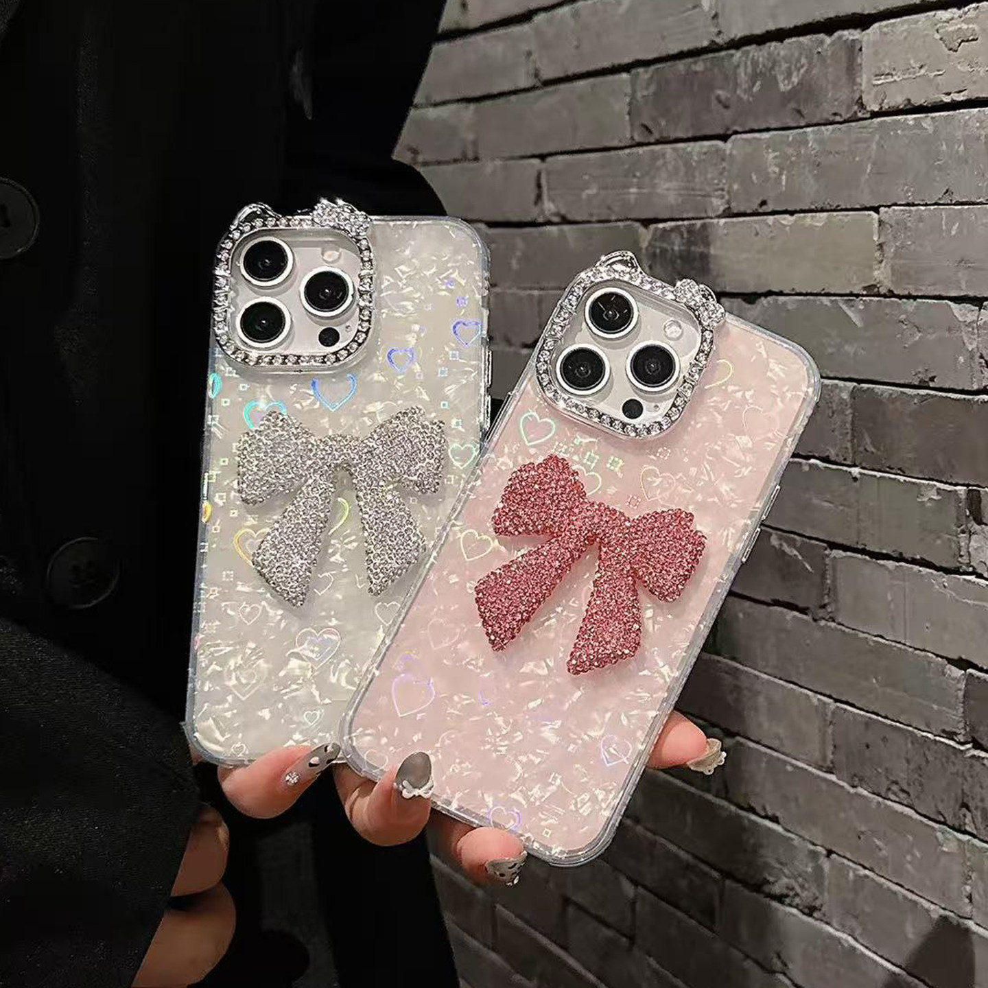 渐变爱心水钻蝴蝶结苹果17pro max手机壳批发 适用iPhone 11 14 15 16 13 12 plus新款可爱带钻女保护全包镭