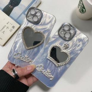 羽纱水钻爱心皇冠镜子苹果17pro max手机壳批发 适用iPhone XS XR 16 12 13 14 11 15 plus新款全包带钻女防