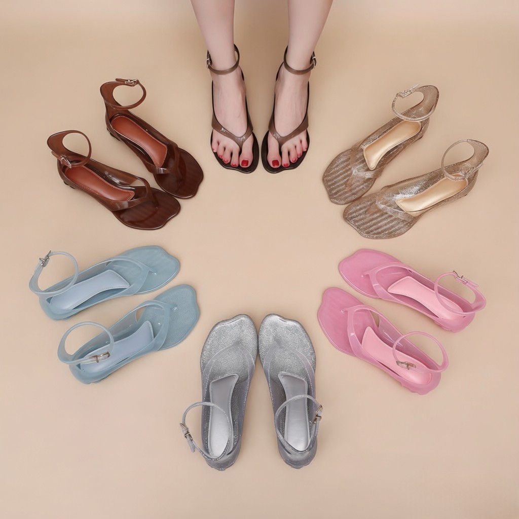 法式女新款夏季配裙子粗低坡跟凉鞋女外穿一字带凉鞋女水晶果冻鞋