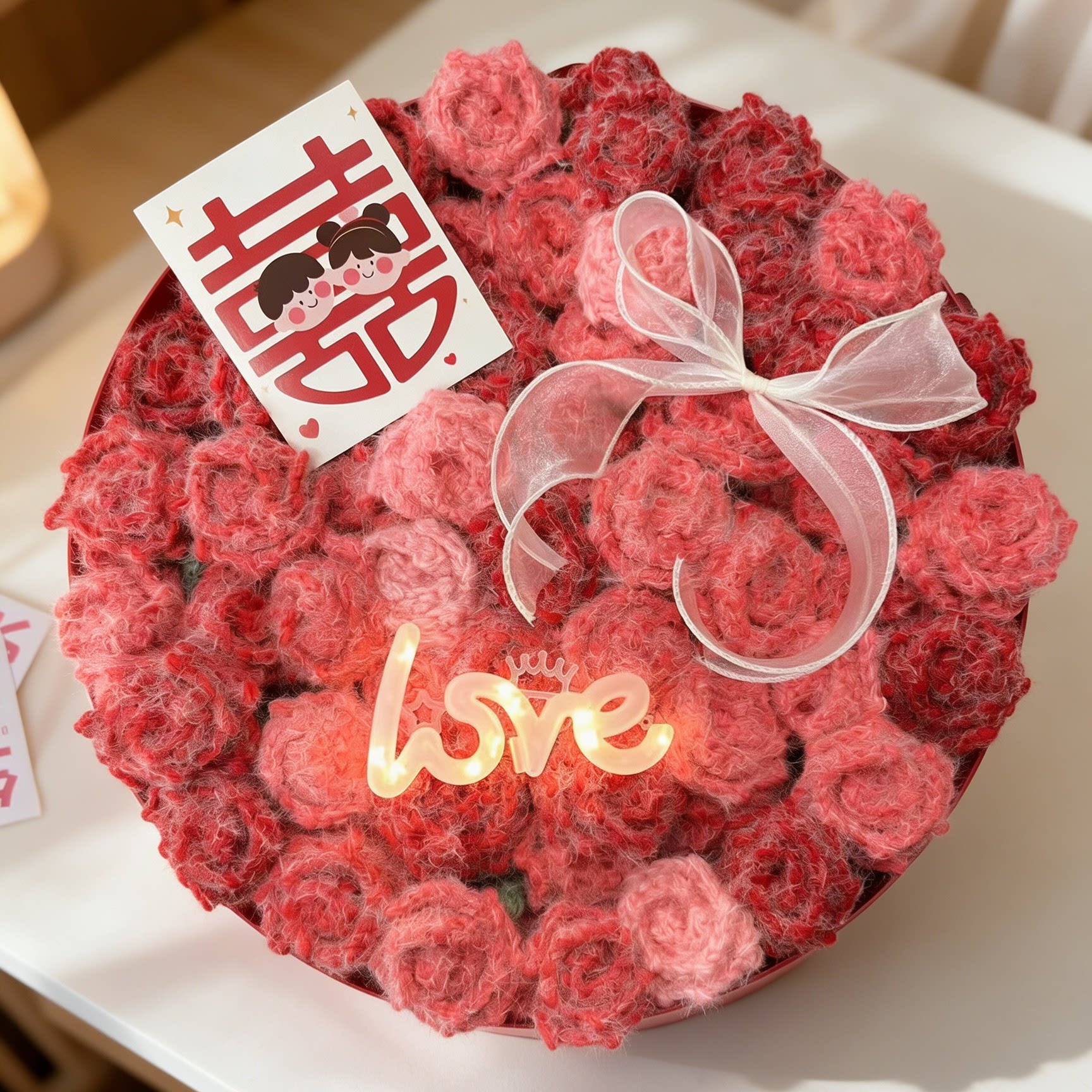 纯手工成品囍字玫瑰花束毯子订婚结婚送新娘礼物鲜花毛毯披肩盖毯