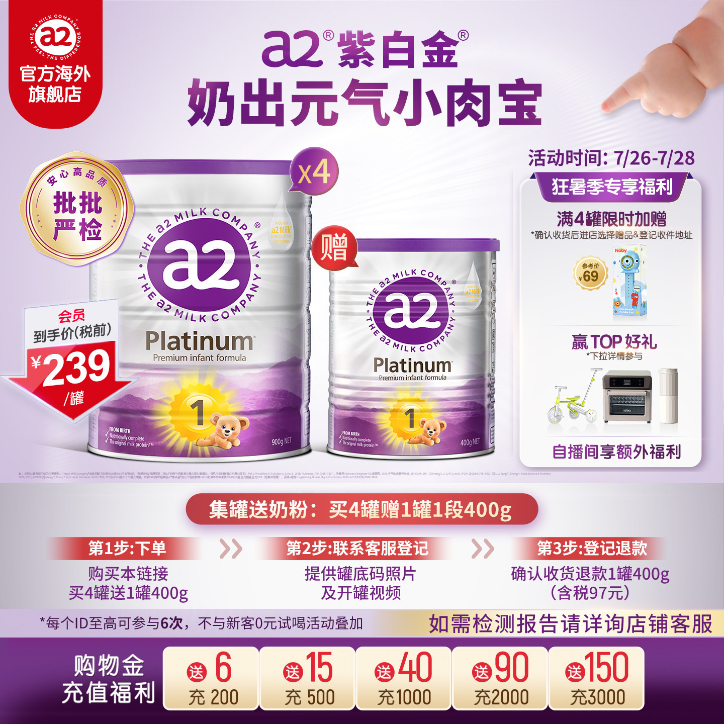 a2奶粉一段新生儿1段婴儿配方奶粉900g*4+400g*1罐[批批严检]