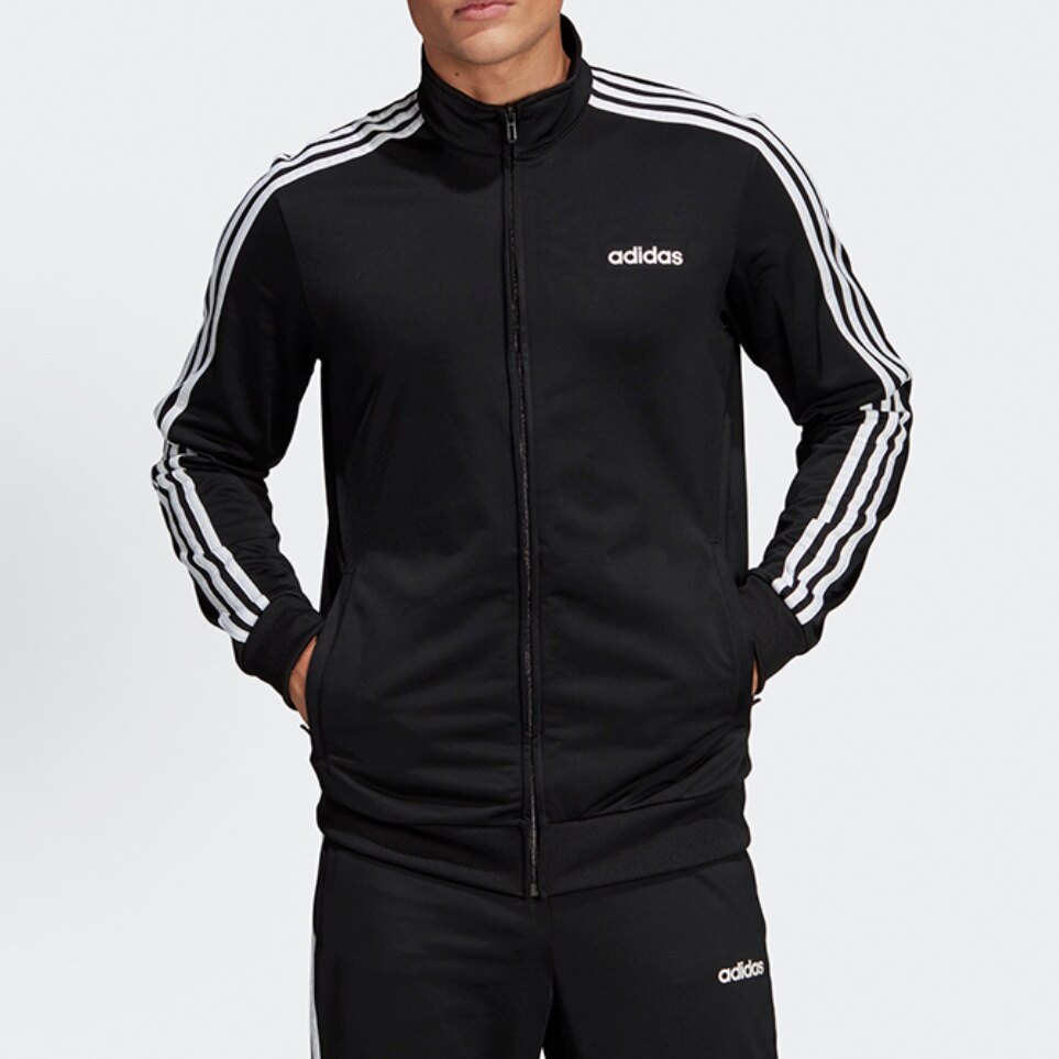 Adidas ESSENTIALS男款黑色针织立领运动复古条纹秋季夹克 DQ3070