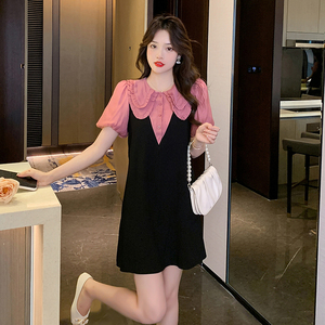 RM13631#夏季新款撞色双层娃娃领气质显瘦假两件连衣裙