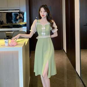 RM13629#夏季新款法式温柔风方领蝴蝶结拼接假两件套连衣裙