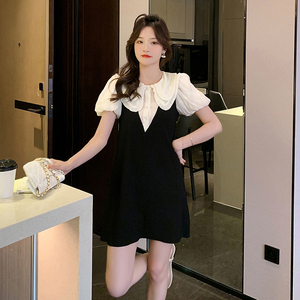 RM13631#夏季新款撞色双层娃娃领气质显瘦假两件连衣裙