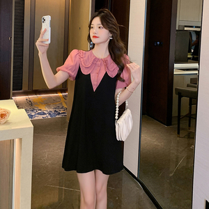 RM13631#夏季新款撞色双层娃娃领气质显瘦假两件连衣裙