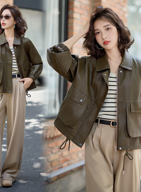 现货 复古绿色皮衣外套女短款高级韩版宽松休闲百搭大口袋机车服