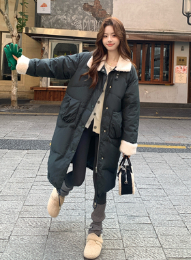 2C291墨绿色长款羽绒服羊毛拼接爆款YRF3133-P295-K499