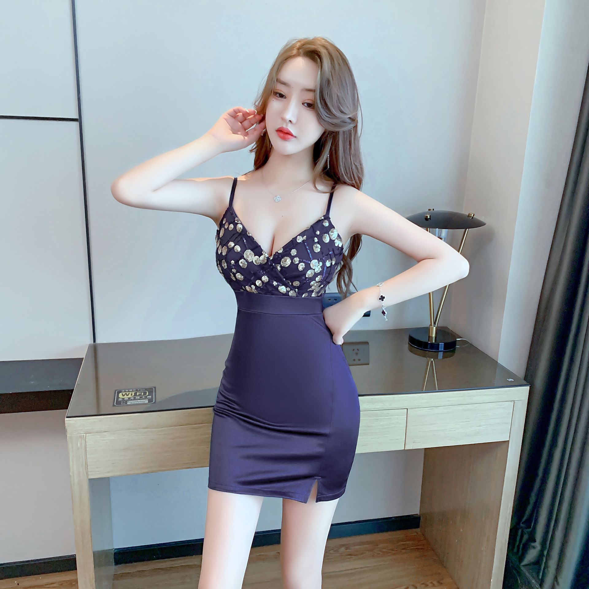 Real shot slim party evening dress suspender hip skirt birthday party party short night show