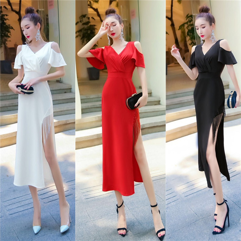 Small dress dress woman Hepburn style banquet temperament celebrity noble sexy split evening dress toast dress autumn
