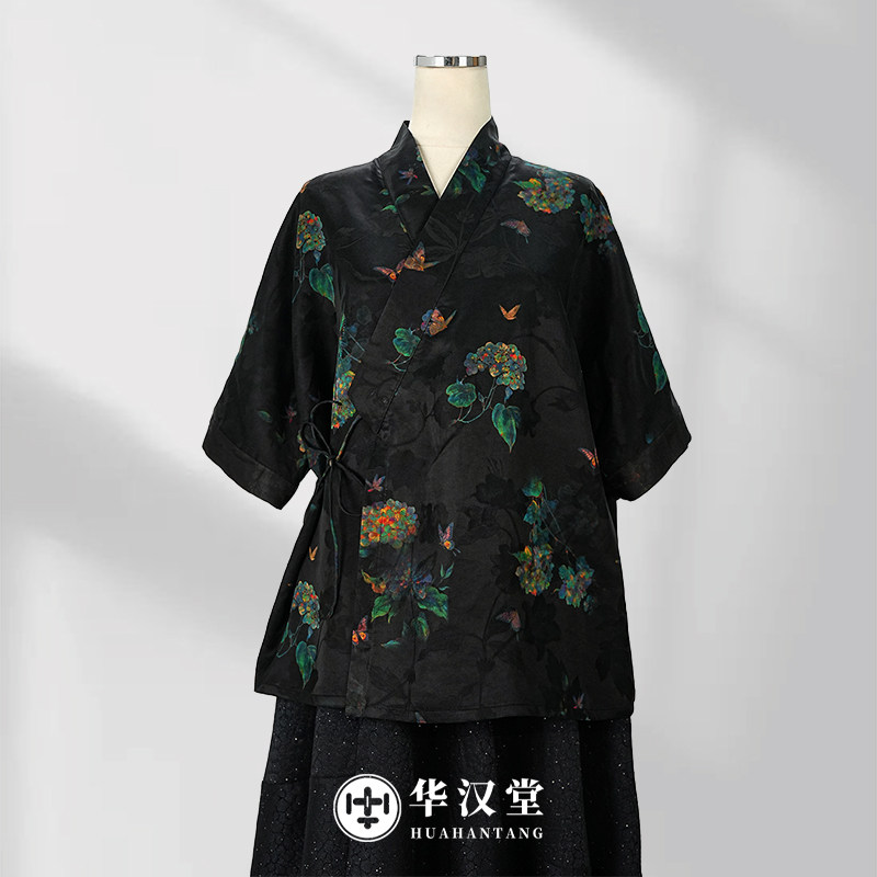 【中袖道袍】香云纱气质时尚长款系带道袍小衫26夏季新款V领上衣