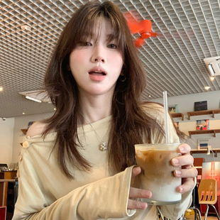 慵懶彈力一字領(lǐng)上衣女秋收腰顯瘦長袖 T恤 喜你而歡大龐定制 Berry