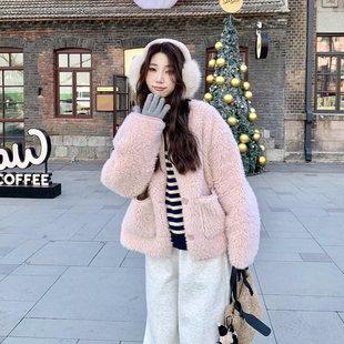 Berry 粉色无领麂皮绒毛毛外套女宽松百搭上衣 喜你而欢大庞定制