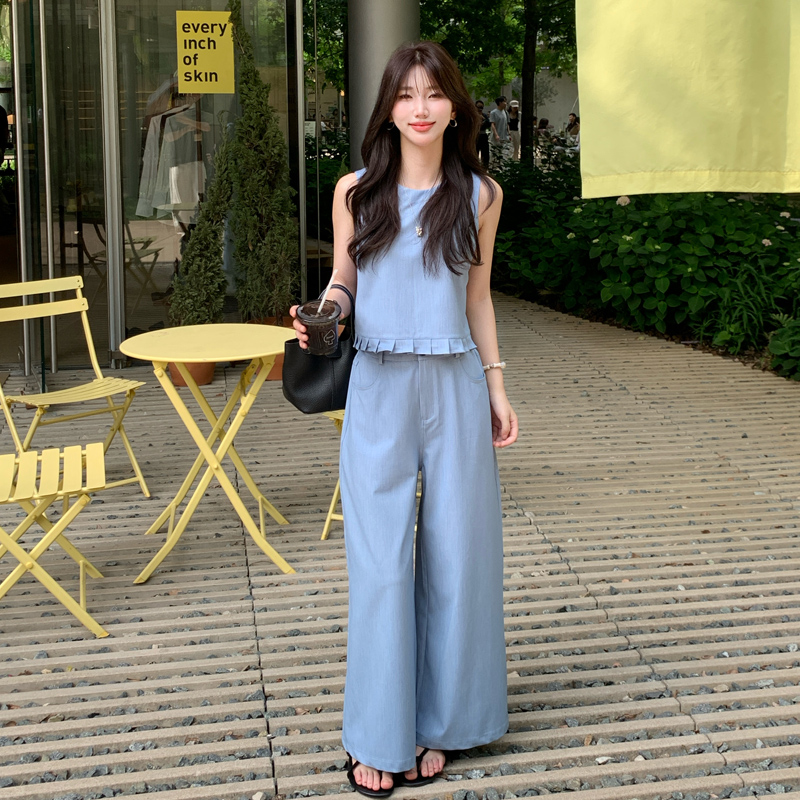 Berry 喜你而欢大庞定制 蓝色无袖欧尼上衣女高腰直筒九分裤套装