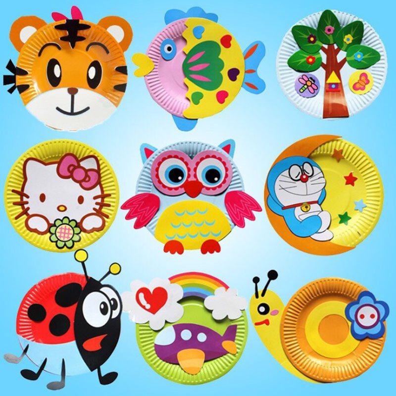儿童纸盘贴纸画diy 幼儿园手工课制作材料包卡通动物粘贴彩色盘子