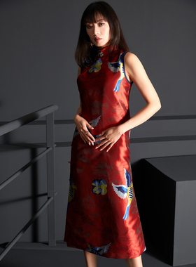 扶郎2024原创设计师 新款无袖日常红色斜襟修身唐装 盘扣长旗袍裙