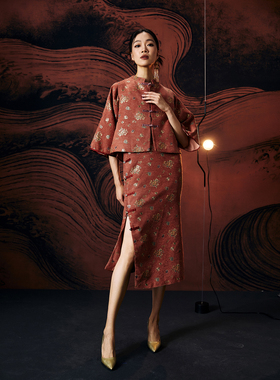 扶郎。原创复古新国风 提花改良唐装阔袖修身汉服马甲+旗袍两件套