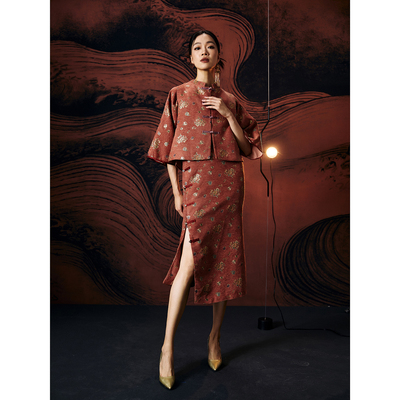 扶郎。原创复古新国风 提花改良唐装阔袖修身汉服马甲+旗袍两件套