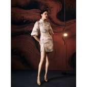 原创自制 修身 复古设计公主袖 少女开叉旗袍 提花连衣裙 法式 扶郎