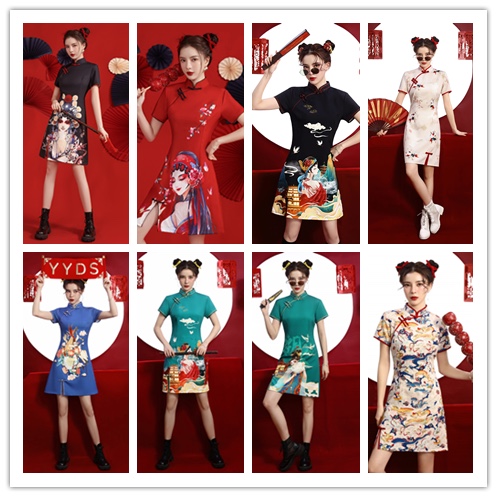 红色国潮女孩印花旗袍2025夏新款年轻改良款少女中国风连衣裙炸街