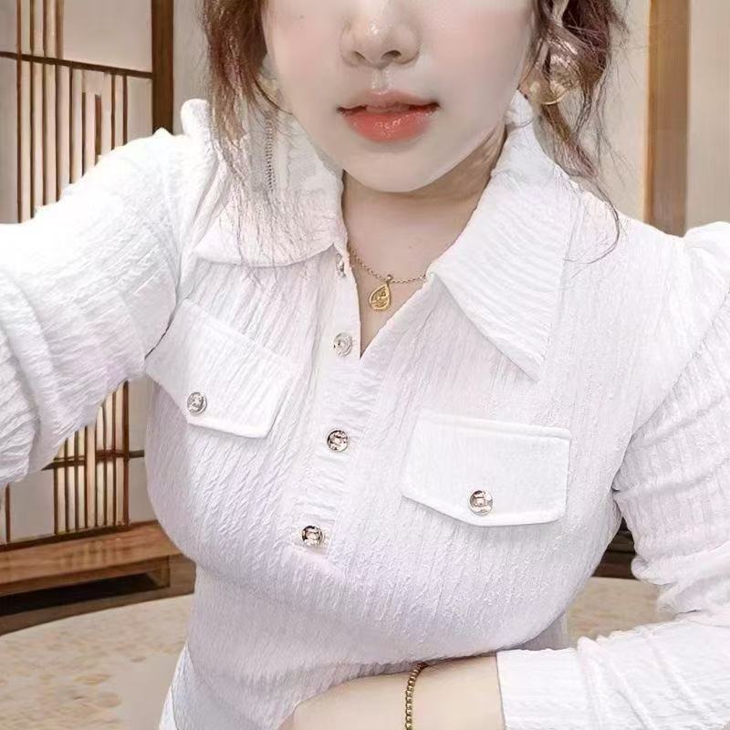 爆款polo领气质半开衬衫洋气百搭高档上衣时显瘦遮肉大码蕾丝雪纺