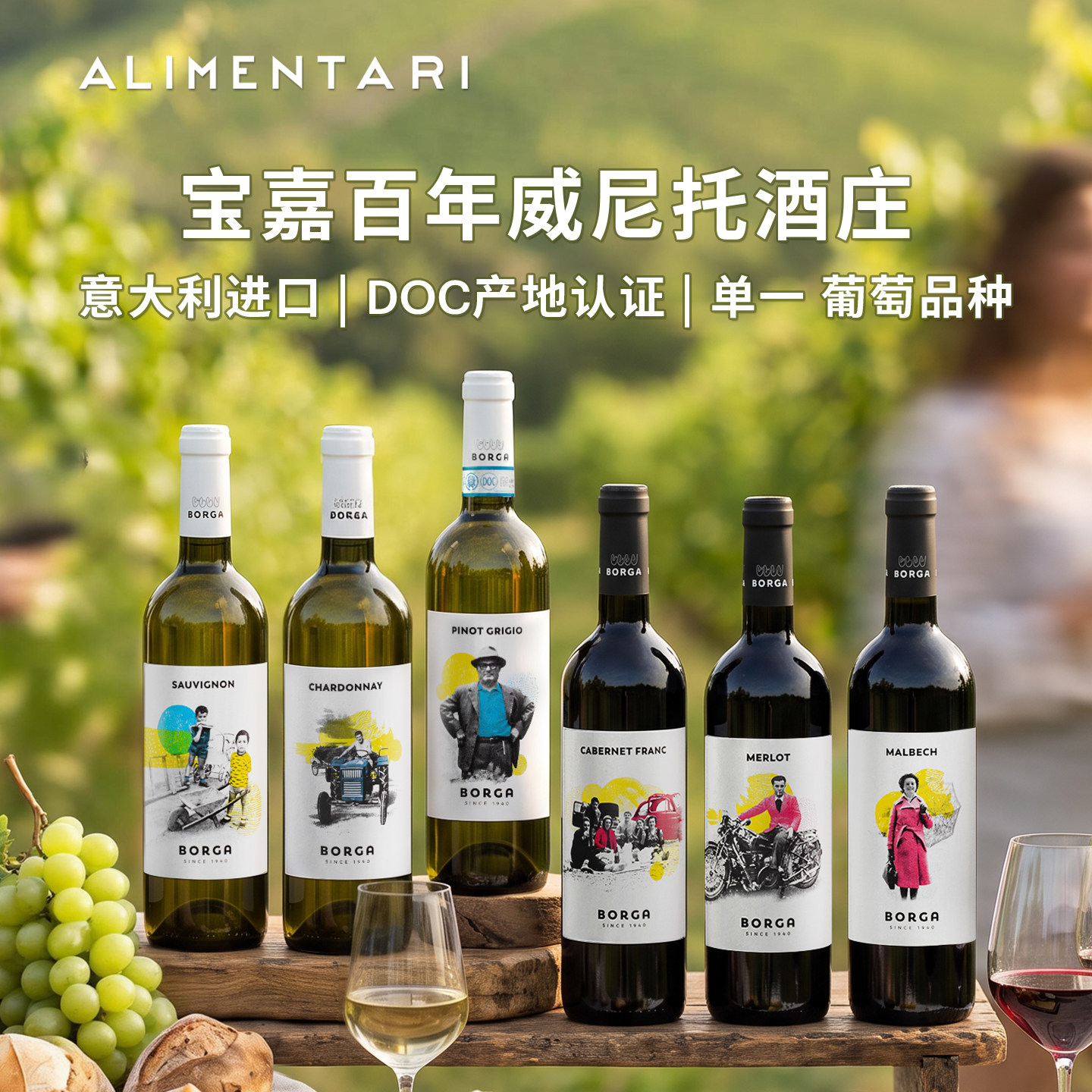 Alimentari意大利进口宝嘉灰皮诺霞多丽苏维翁白葡萄酒梅洛干红