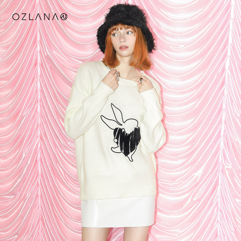OZLANA可拆卸兔子条纹毛衣秋冬玩偶设计新款宽松显瘦套头针织衫